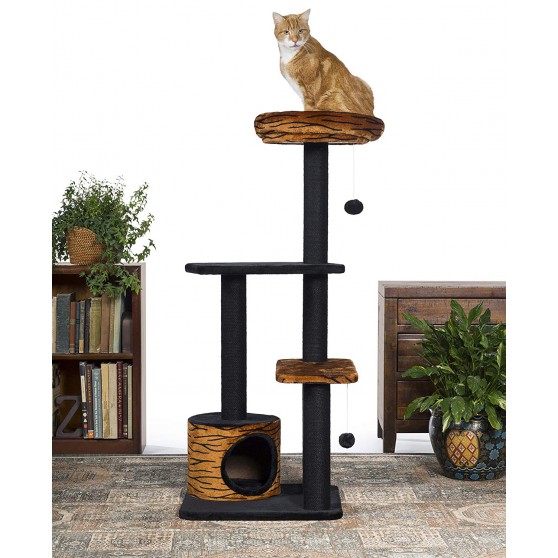 Black cat tree with condo and perches in tiger print