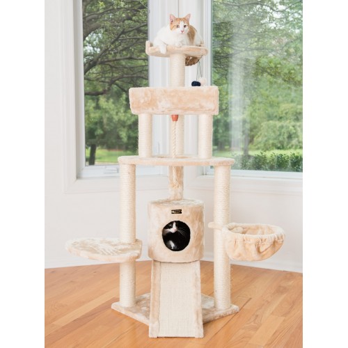 Beige Cat Tree with Scratcher, Hammock and Cave