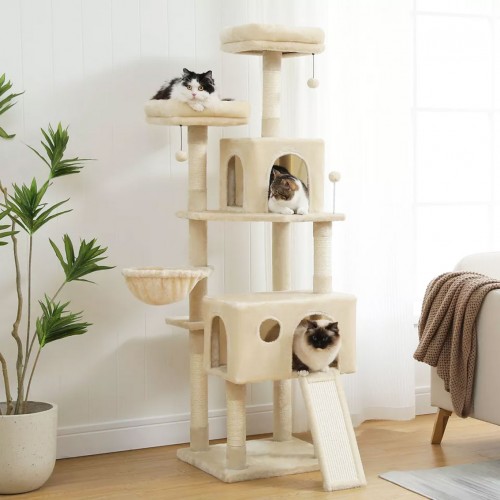 Plush Cat Climber with Hanging Basket and Two Perches Plush Cat Climber with Hanging Basket and Two Perches