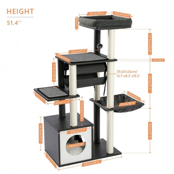 Wood Cat Tree Modern in Black for Big Cats with Tunnel & Hammock