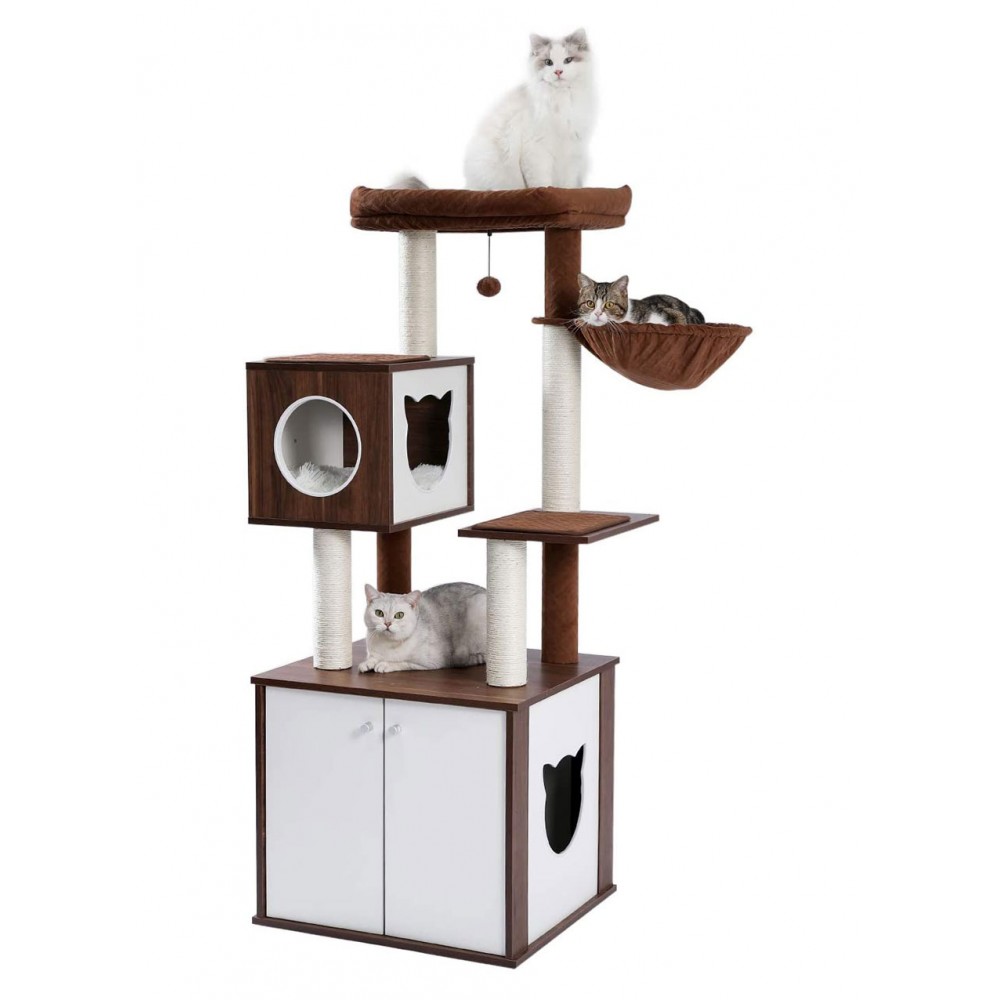 Wooden Tower with Enclosure for Cat Litter Box in Brown