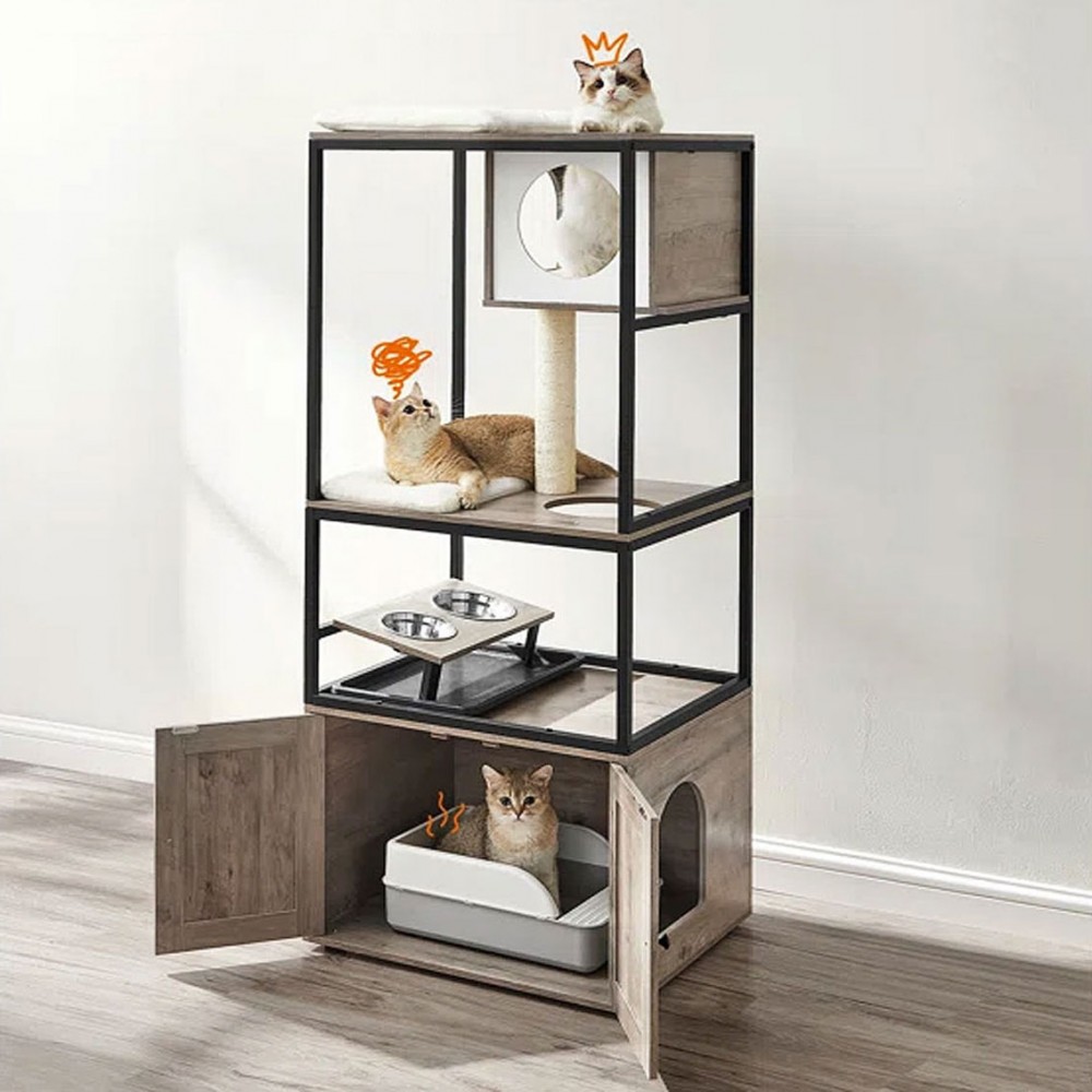 Modern Cat Litter Box Tower with Food Bowls