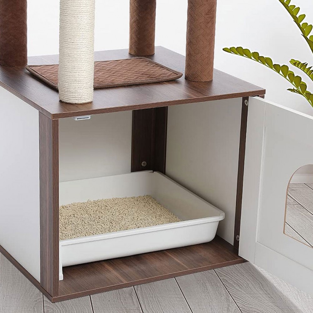 Contemporary Cat Tower with Wooden Litter Box Enclosure