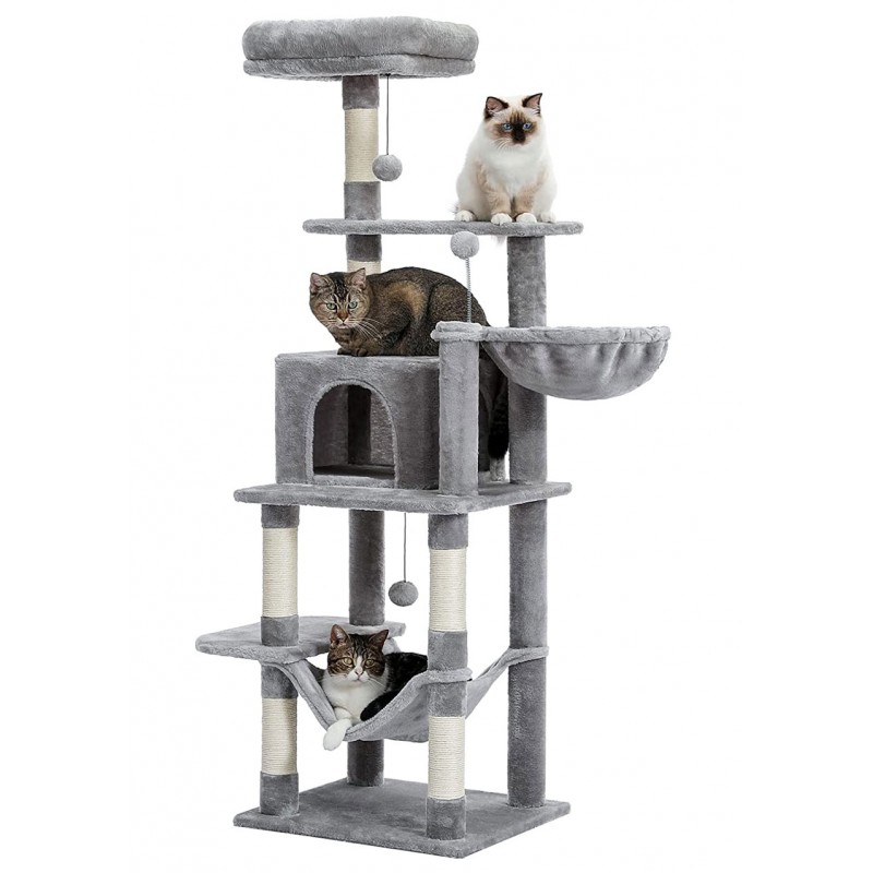 Gray cat climber with hanging basket
