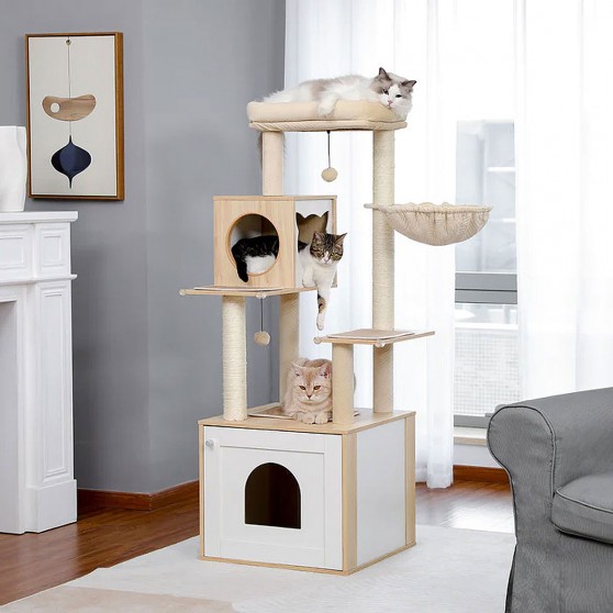Modern Wooden Cat Tower with Litter Box Cabinet