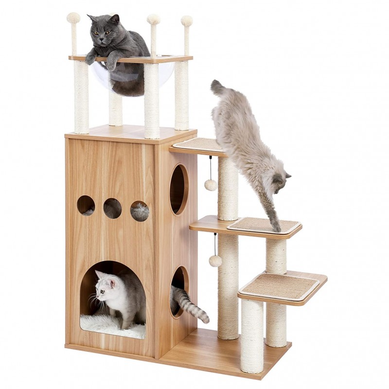 Contemporary cat tree with 2-story condo in Beige
