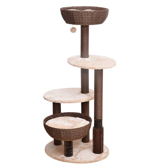Fancy Cat Tree with Woven Bowls, Plush Beds & Rubber Massager