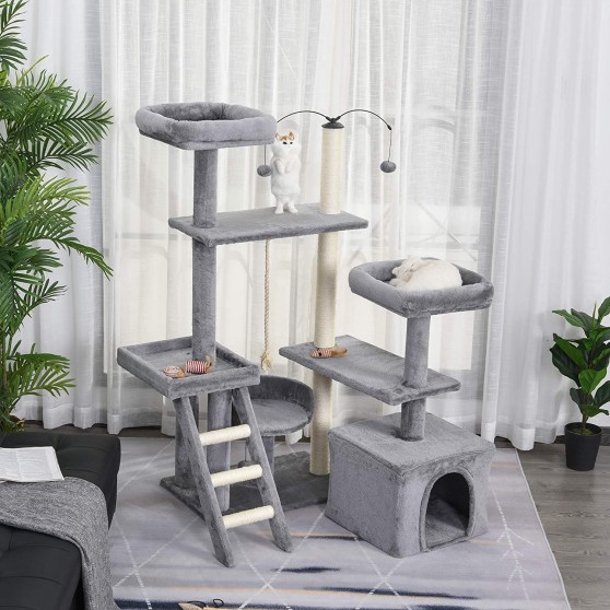 Multi-level Gray Cat Tree Tower w/ Sisal Scratching Posts & Condo