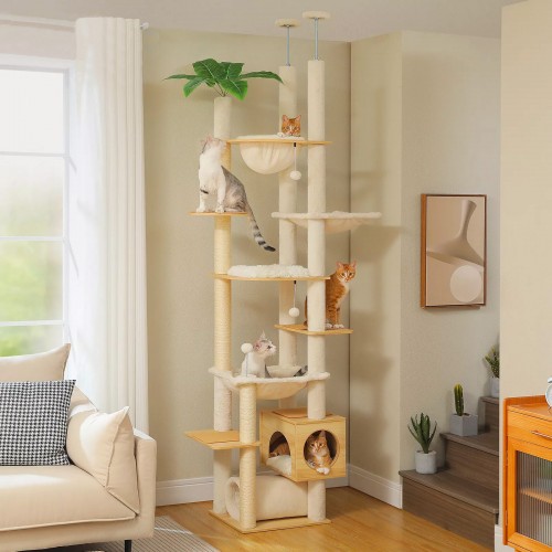 Modern Floor to Ceiling Cat Climbing Tower with Three Hammocks Modern Floor to Ceiling Cat Climbing Tower with Three Hammocks