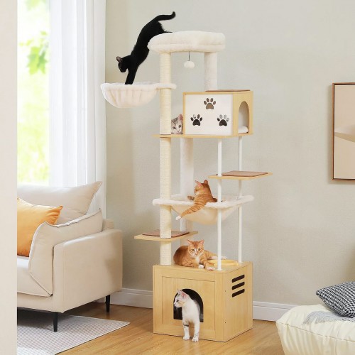 Unique Feline Tree with Litter Box Enclosure and Feeding Station Unique Feline Tree with Litter Box Enclosure and Feeding Station