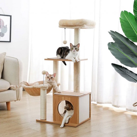 Modern Cat Stand with Condo, Basket & Spring Ball