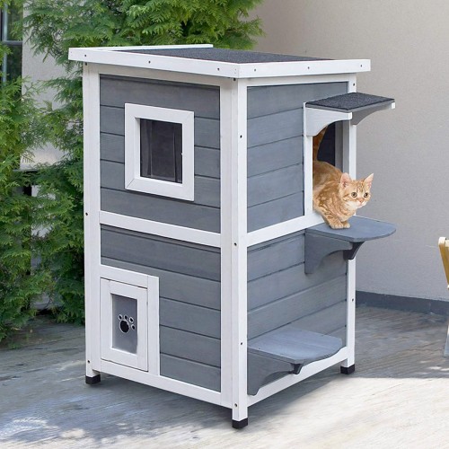 CozyCatFurniture Insulated Cat Outdoor House with Platform and Extended  Roof, Natural Cedar Wood Shelter for Feral Cats for Winter