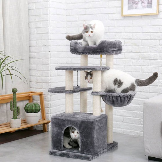 Gray Cat Tree for Large Senior Cats with Sisal Posts