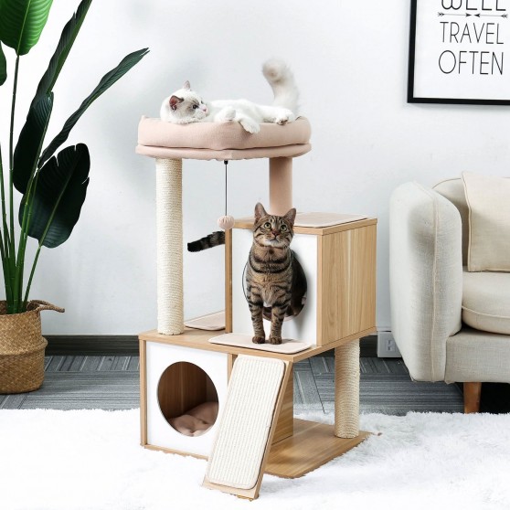 Modern Wooden Cat Tree with Large Sleeping Perch