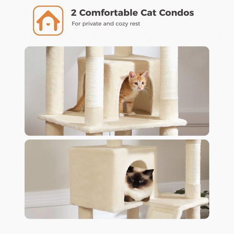 Cat is lounging in soft, carpeted condo on climbing tower