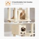 Cat is lounging in soft, carpeted condo on climbing tower