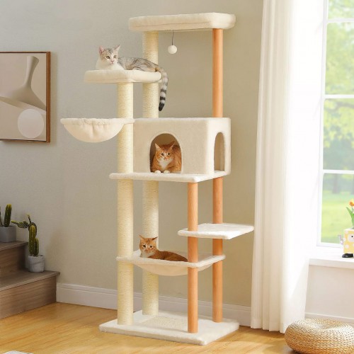 Sturdy Cat Climbing Tree with Hammock & Solid Wood Poles Sturdy Cat Climbing Tree with Hammock & Solid Wood Poles