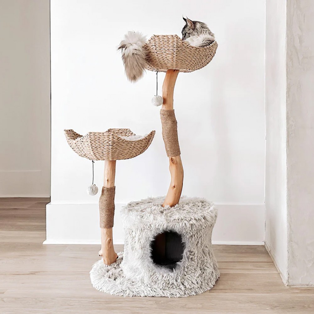 Solid Wood Cat Trees for Large Cats with Rattan Baskets