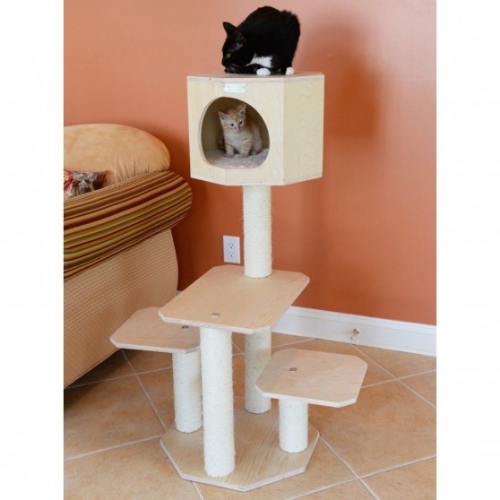 Wooden Cat Tree House with 3 Perches