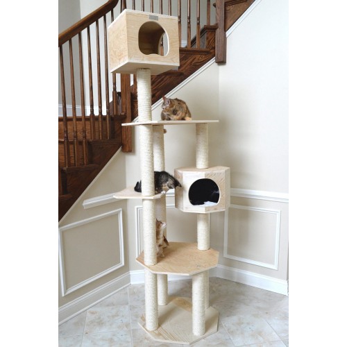 7 Foot Wooden Tower for Indoor Cats  with Two Houses