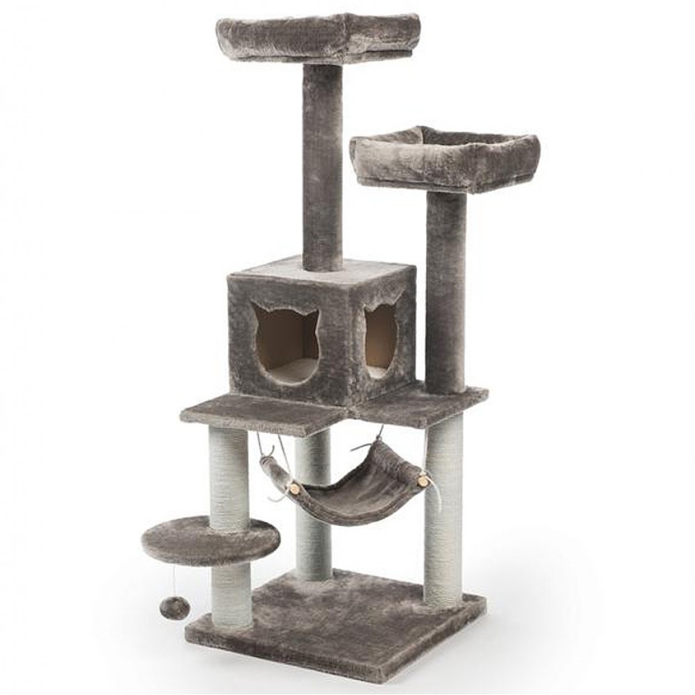 Gray Cat Tree with Hammock and Cat Face Condo