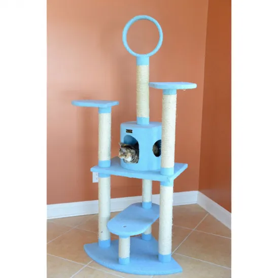 Blue cat tree with tunnel on top