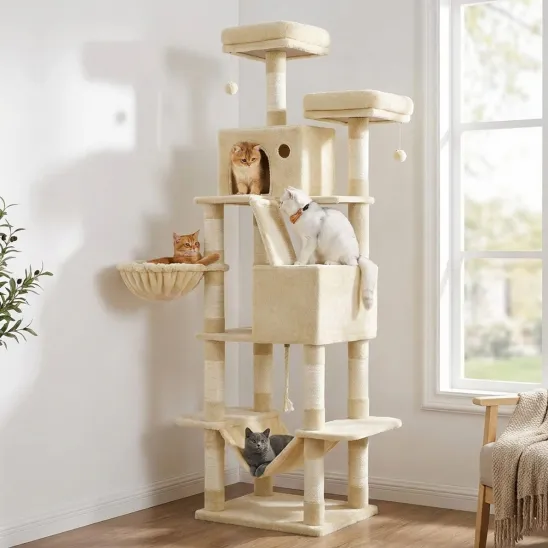 Beige cat activity center for multiple indoor cats