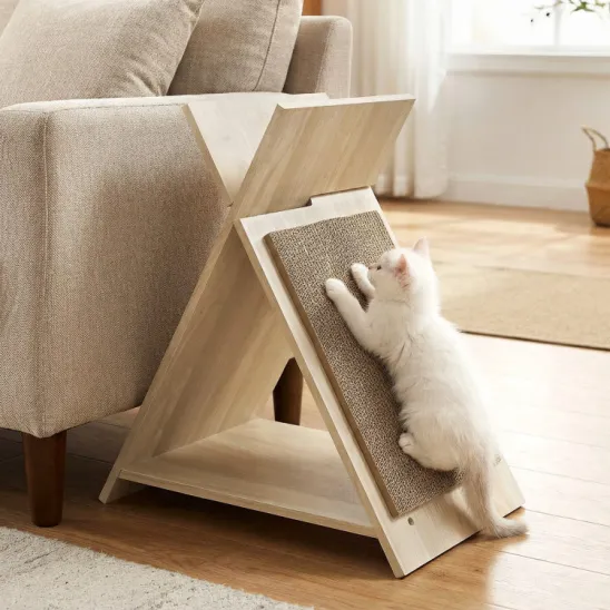 Angled Cardboard Cat Scratcher on Wooden Stand