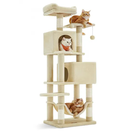 Cat climbing tree with hammock in Beige