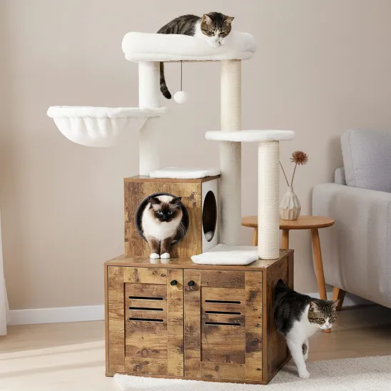 Brown cat tree with large litter box enclosure