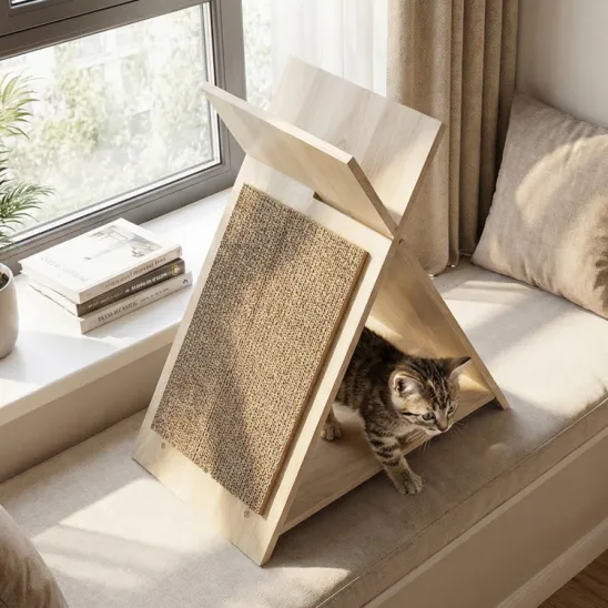 Cardboard cat scratching pad on angled wooden frame