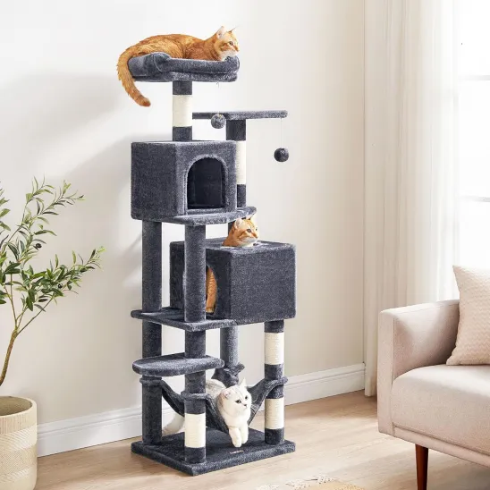 Plush cat tree with hammock and two condos