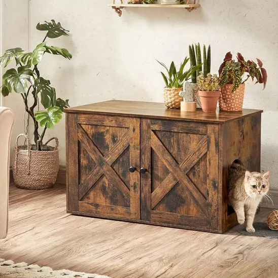 Brown side table for hiding cat litter box