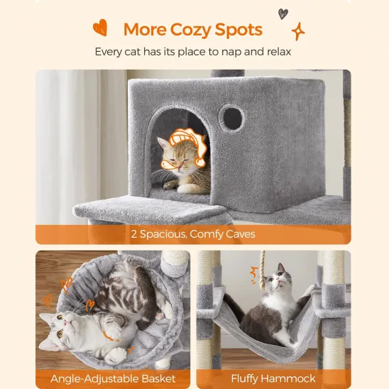 Two cozy cat condos, hanging basket and a large hammock