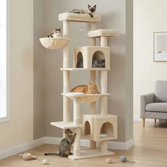 Beige cat tower with hammock and two large perches