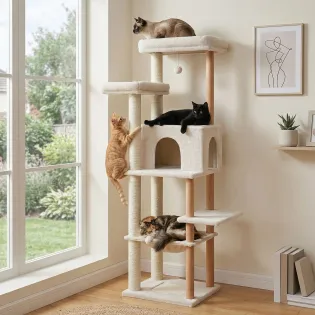 Sturdy Cat Climbing Tree for Large Cats with Hammock & Solid Wood Poles