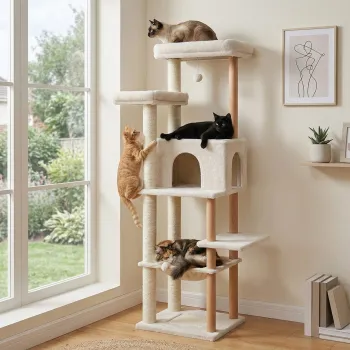 Sturdy Cat Climbing Tree for Large Cats with Hammock & Solid Wood Poles