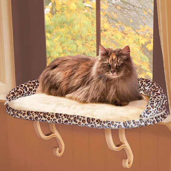 Window Seat for Large Cats with Leopard Print Bolster