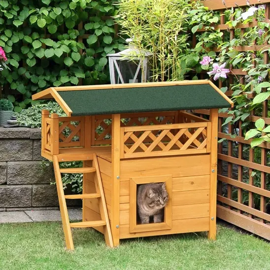 Small Cat Playhouse with Sisal Ramp, Balcony and A-shape Roof