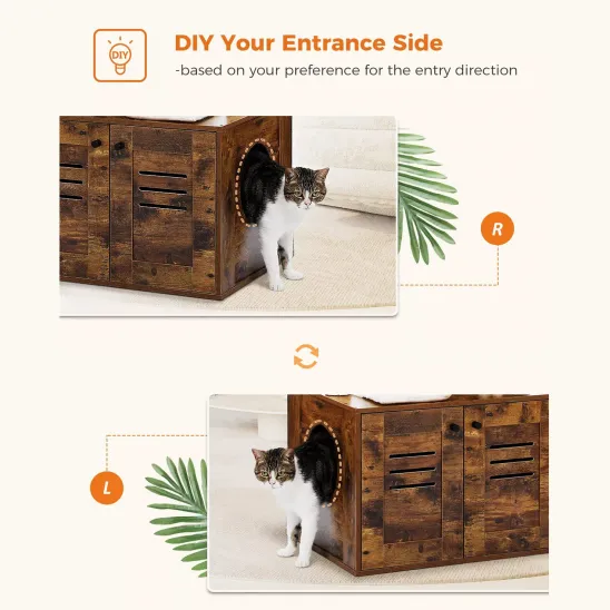 Entrance side of cat litter box enclosure can be changed