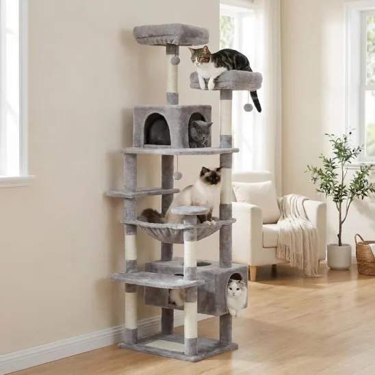 Gray cat tower for indoor cats