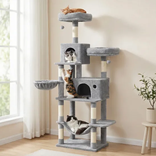 Light gray cat tower with condo & hanging basket