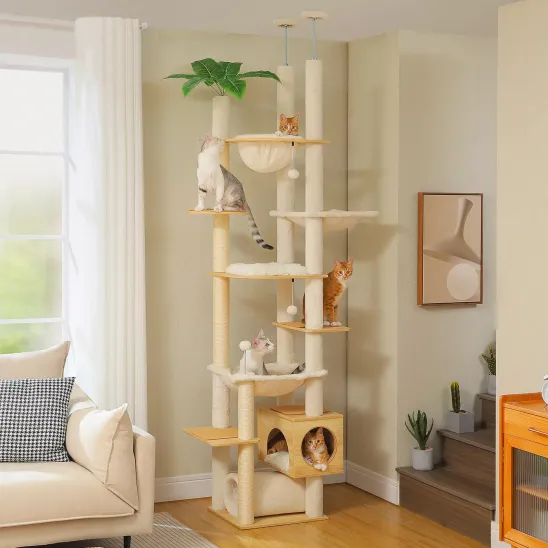 Modern Floor to Ceiling Cat Climbing Tower with Three Hammocks