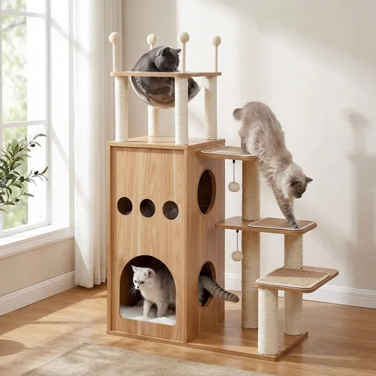Modern Two-Story Cat Hideaway with Acrylic Bowl