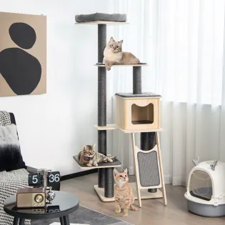 Modern Wooden Cat Tree with Hideaway & Inclined Scratcher