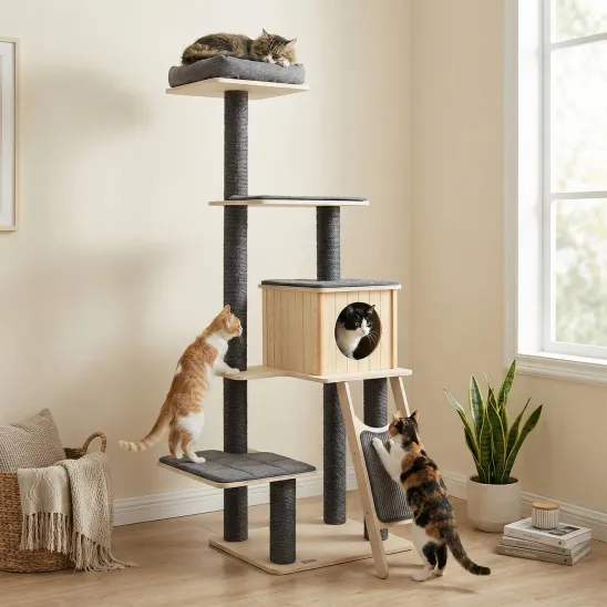 Modern Wooden Cat Tree with Hideaway & Inclined Scratcher