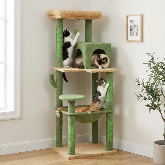 Green multi-level cat tree with condo