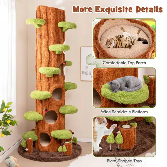 Multiple cat perches and plant-shaped toys
