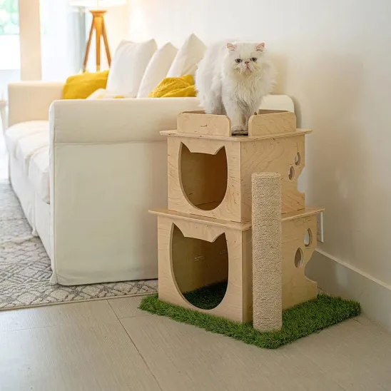 Plywood cat furniture with sisal scratching post