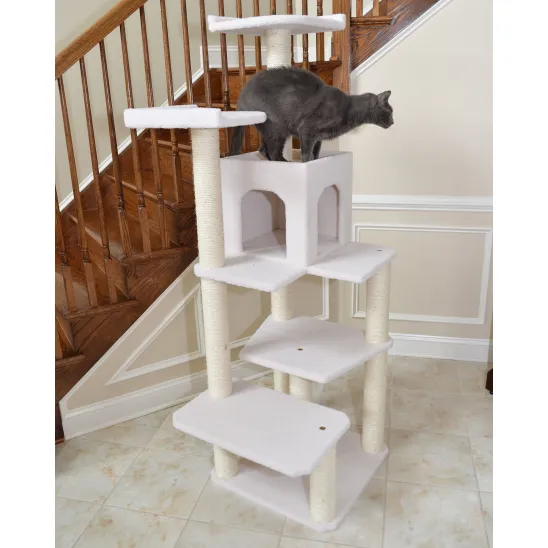 Tall cat scratching furniture with house